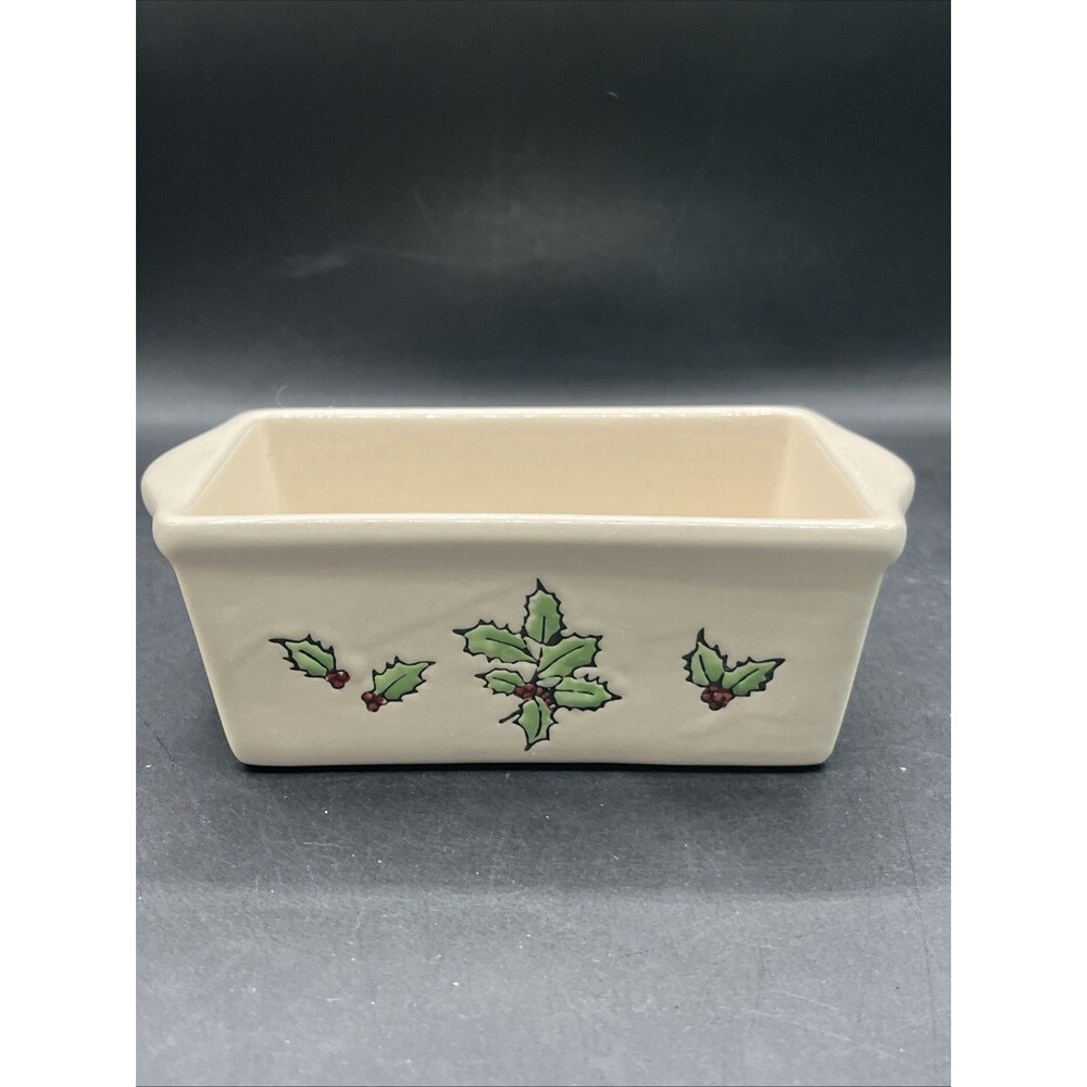 VTG Nantucket Stoneware Mini loaf Pan Glossy Finish Christmas Holly leaves